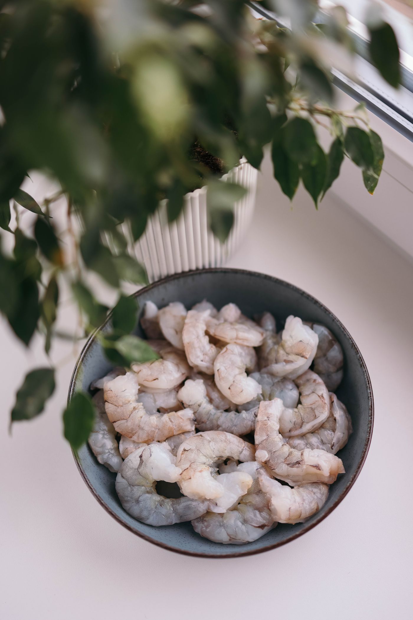 Bowl of raw shrimp on a white surface
