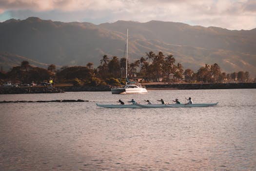 Canoeing in Honolulu with palm trees and mountains in the backdrop at sunset.
