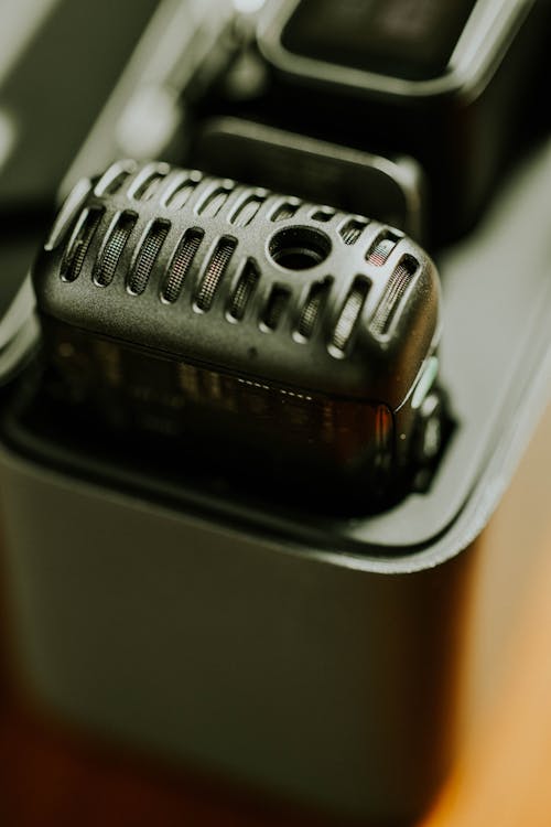 A close up of a black camera in a case