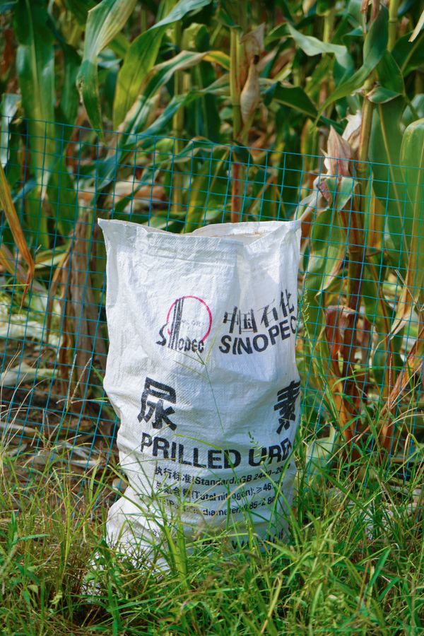 Saco de urea agrícola en campo