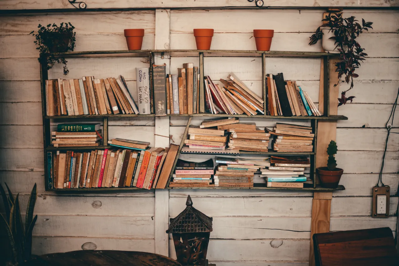 mix-standing-stacked-books Rustic wall shelves with stacked horizontal books and small potted plants