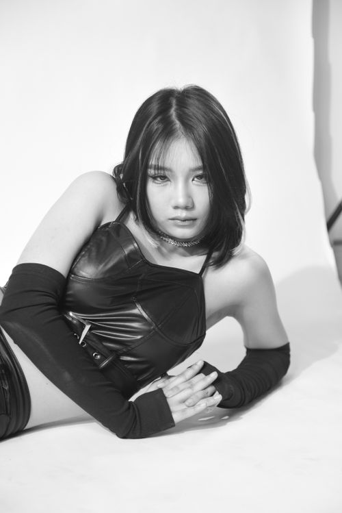 Free Black and white portrait of a woman in fashionable leather attire posing indoors. Stock Photo