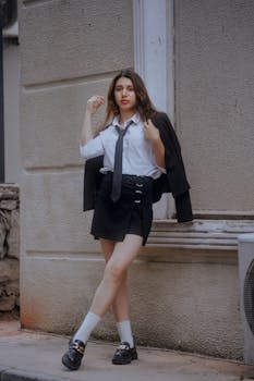 Stylish woman in black skirt and jacket poses against urban wall.