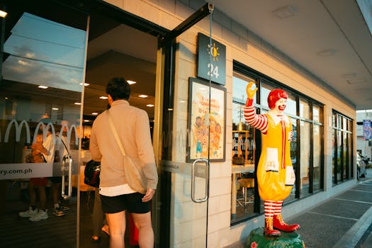 A man in casual attire enters a McDonald's restaurant, past a Ronald McDonald statue, during daylight.