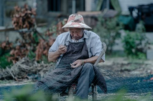 Free A senior man in China repairs a fishing net outdoors, reflecting traditional lifestyle. Stock Photo