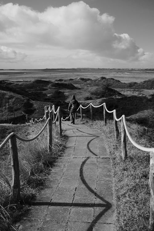 A black and white photo of a path leading to the beach