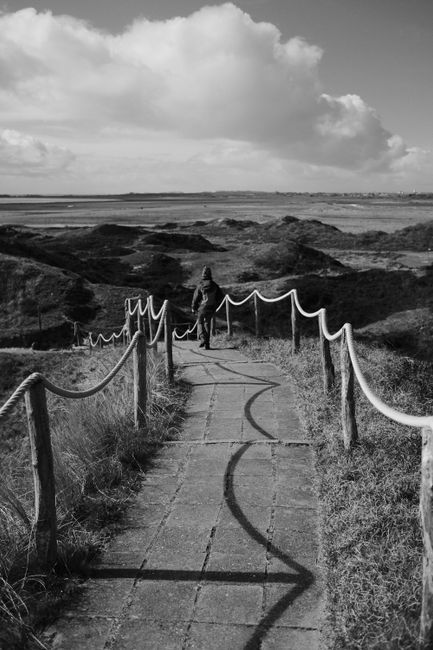 Monochromatic view of a winding footpath through rolling fields, perfect for travel inspiration.