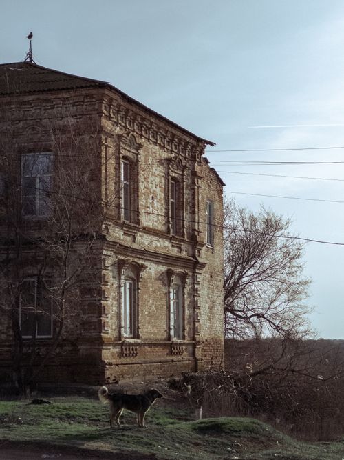 Free A rustic stone building with a dog in a tranquil rural setting, capturing the essence of countryside life. Stock Photo
