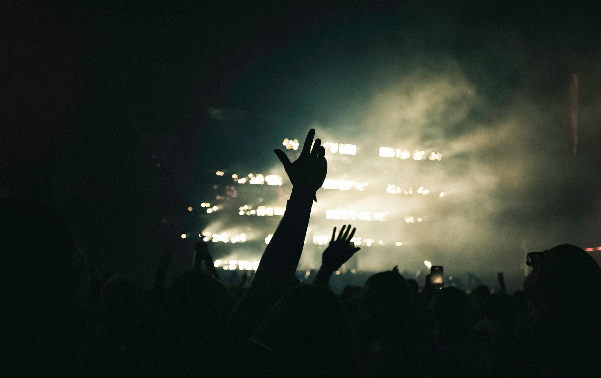 Silhouette of Raised Arms in Crowd at Concert