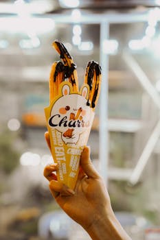 Close-up of hand holding churros with chocolate sauce, wrapped in fun packaging. Delicious snack or dessert.