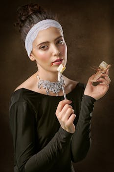 优雅的女人用叉子享用奶酪，戴着优雅的珠宝