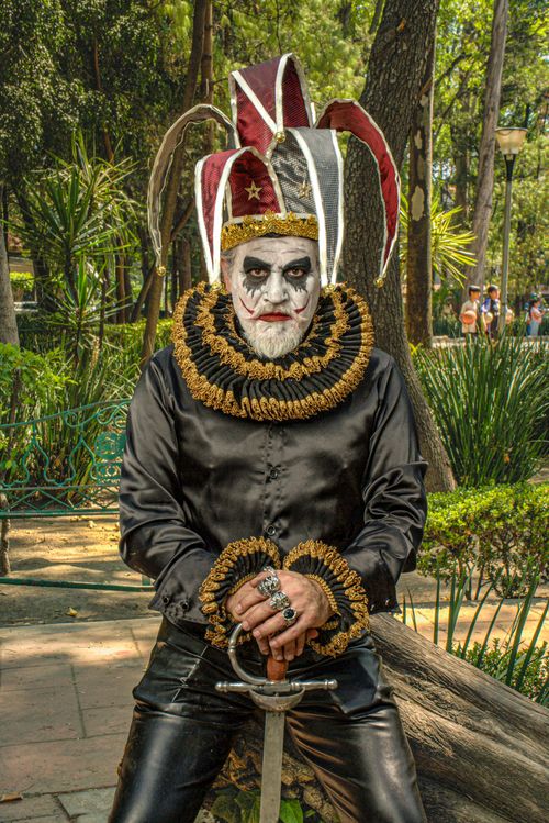 Free A man in a striking jester costume sitting on a tree trunk in a sunlit park. Stock Photo