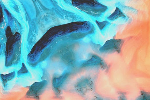 Stunning abstract art featuring dynamic blue and coral colors with fluid patterns.