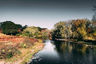 平静的水中倒映着宁静的河景与充满活力的秋叶