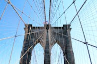 布鲁克林大桥错综复杂的电缆和石塔，在清澈蓝天的映衬下，呈现出令人惊叹的视角