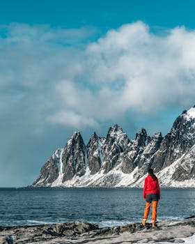 一位孤独的女人凝视着海岸边寒冷的雪山，捕捉到了冬日宁静之美