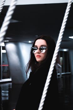 一位时尚女性戴着反光太阳镜，身着黑色外套，置身于现代建筑的环绕之中