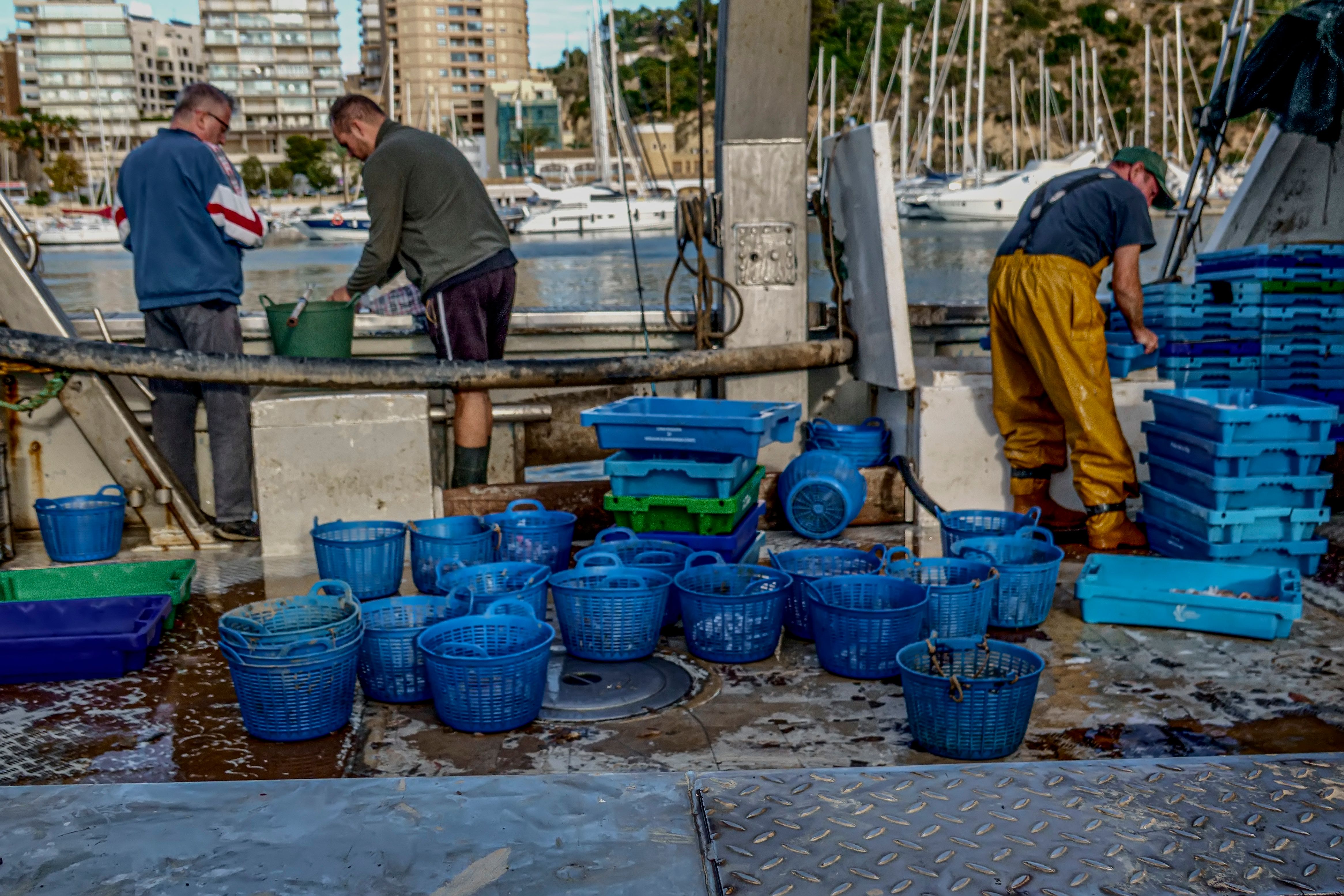 Experienced fishing crew on deck preparing lines for the day