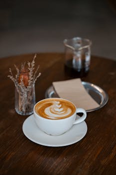 A cup of cappuccino with frothy latte art on a wooden table in a stylish Istanbul café.