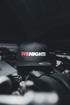 Black baseball cap with 'OVRNIGHTR' text placed on a car engine in a dark, moody setting.