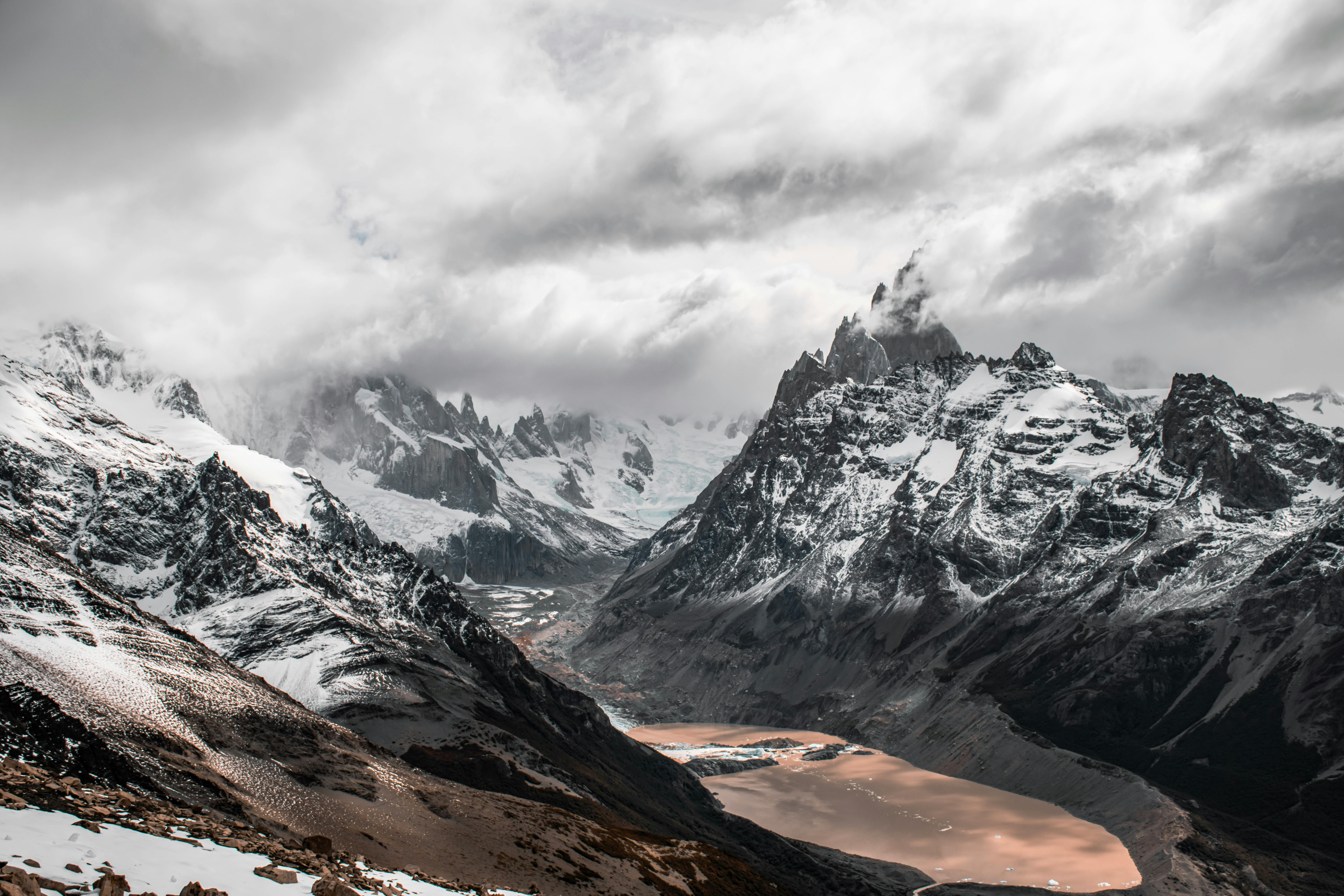 Stunning winter mountain landscape in El Chaltén, Argentina with snow and scenic peaks.