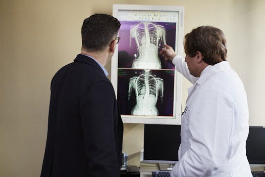 A doctor explains X-ray results to a patient in a clinical setting, highlighting healthcare communication.