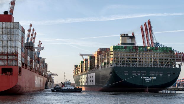 Cargo ships in Hamburg port loaded with containers, showcasing busy maritime logistics.