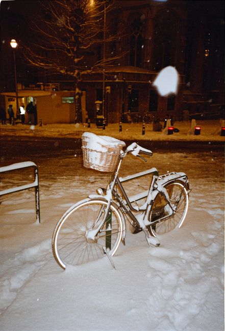 A bicycle covered in snow stands on a street, capturing a serene winter night scene.