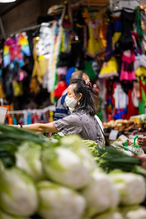 A woman wearing a face mask in a market