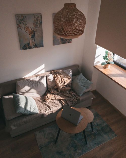 Free Warm and inviting living room interior featuring a sofa, pillows, and a laptop on a coffee table near natural light. Stock Photo