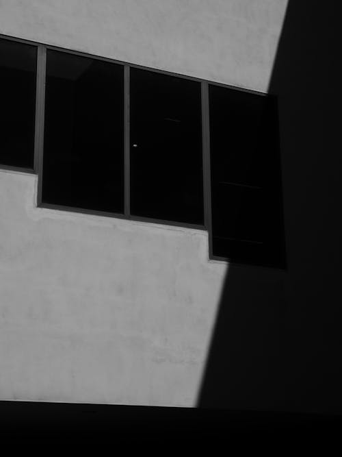 A black and white photo of a building with windows