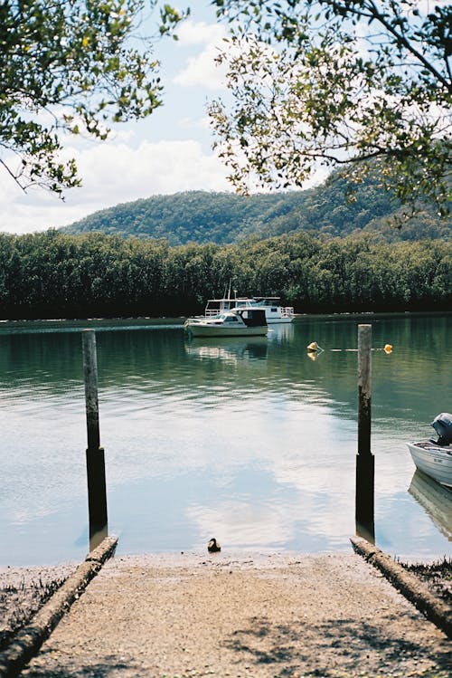 A boat is docked at a dock near a lake