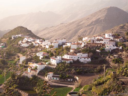 Free Charming aerial view of Tejeda Village nestled among hills in Canary Islands. Stock Photo