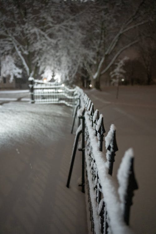 A fence covered in snow at night