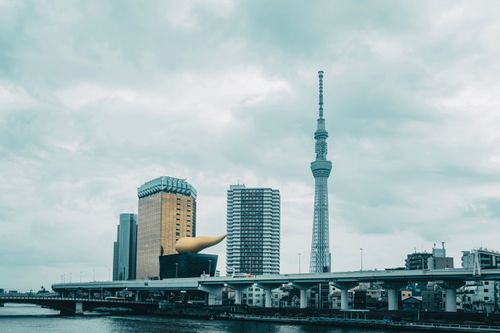 Free View of Tokyo's skyline featuring the Skytree and Asahi Beer Hall under a cloudy sky. Stock Photo