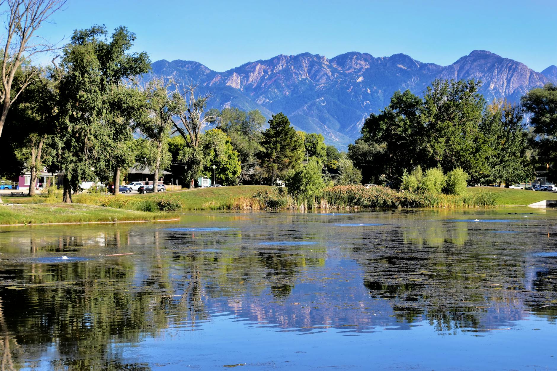 Beautiful lake reflection of the Wasatch Range in Salt Lake City, Utah, surrounded by lush greenery. Beautiful lake reflection of the Wasatch Range in Salt Lake City, Utah, surrounded by lush greenery.