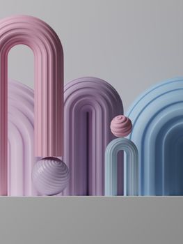 A vibrant array of pastel arches and spheres in a vertical composition, showcasing modern 3D design.