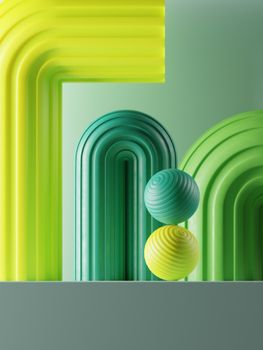 Vibrant 3D design featuring abstract green and yellow arches with textured spheres.