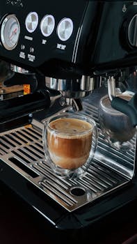 Freshly brewed espresso in a modern coffee maker, highlighting rich foam and sleek design.