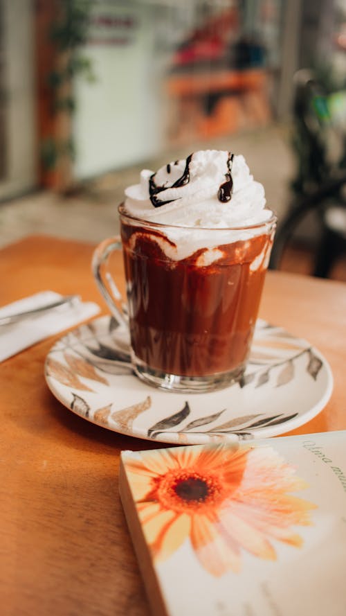 A cup of hot chocolate with whipped cream on top