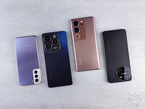 Top view of four colorful smartphones laid out on a white background, showcasing modern technology.
