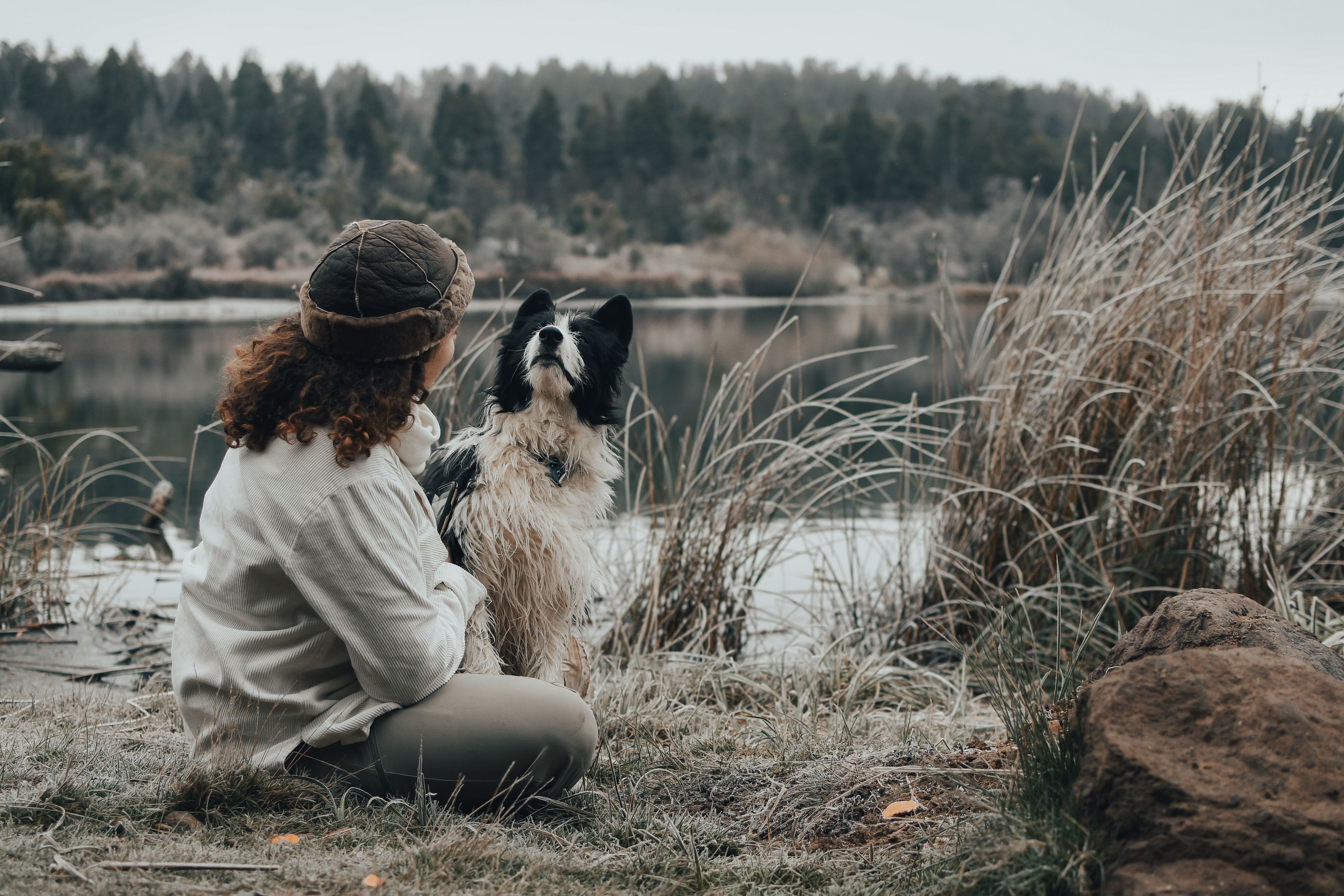 A woman and her dog enjoy a peaceful moment by a serene lake surrounded by nature.