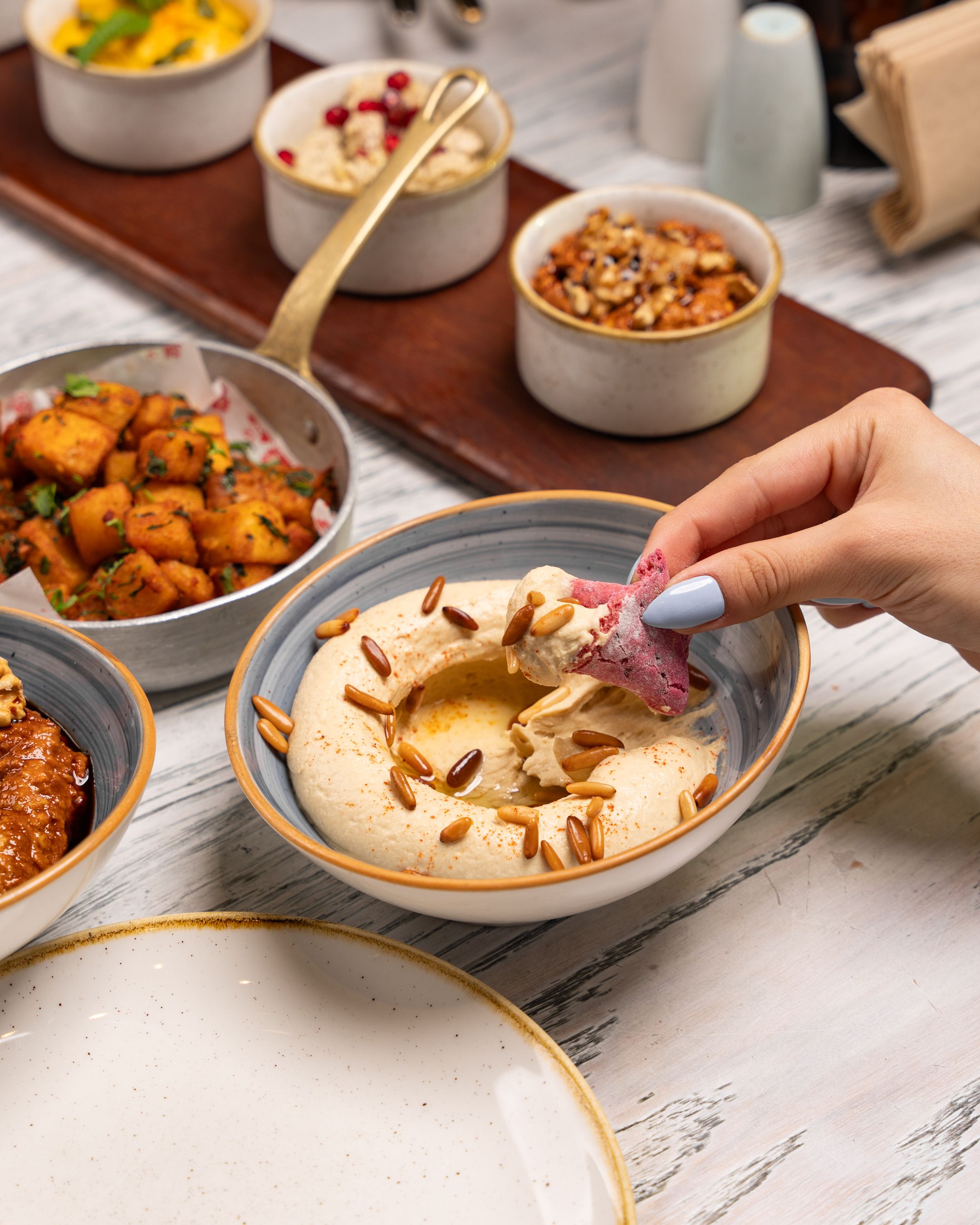 Middle Eastern cuisine with hummus and assorted dips, captured in a cozy setting.