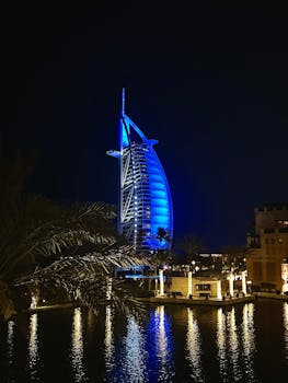 Stunning night shot of the illuminated Burj Al Arab, a luxury hotel in Dubai, reflecting on water.