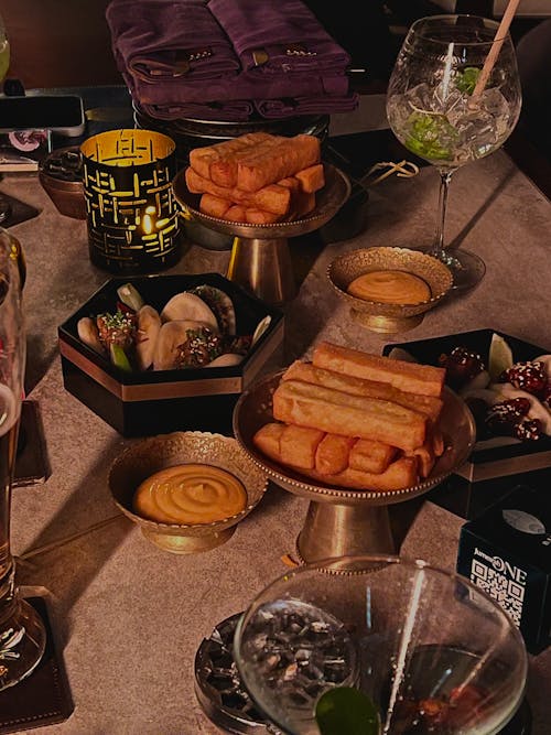 A table with food and drinks on it