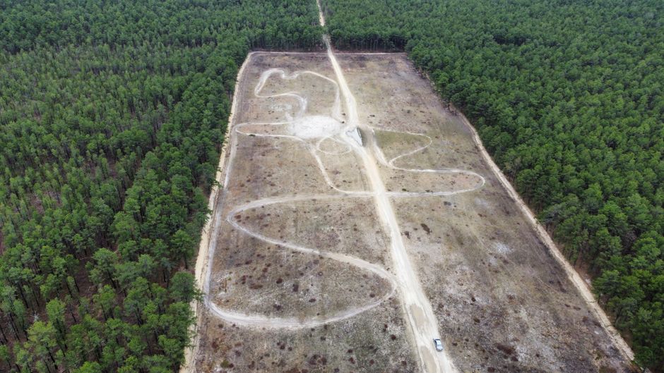 Drone shot of a winding dirt road through a forest and barren field, showing nature's contrast.