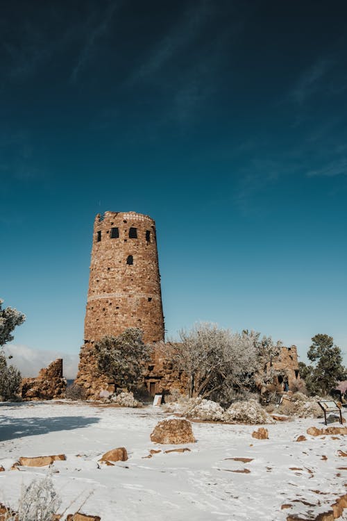 Snow around Desert View Watchtower at Grand Canyon