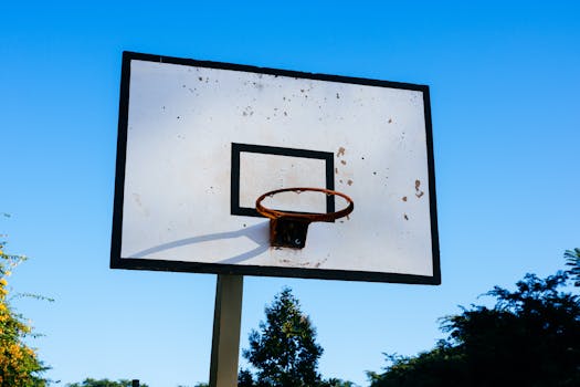 Rustic basketball hoop with clear blue sky in a sunny outdoor setting.