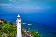 俯瞰印度尼西亚万丹原始蓝色海洋的色朗灯塔鸟瞰图，令人惊叹