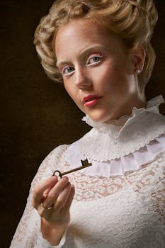 一幅维多利亚时代妇女的肖像，她身着蕾丝，手持一把古董钥匙